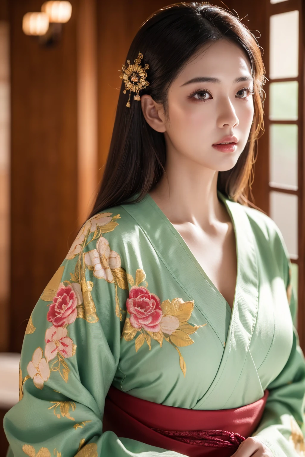 A huge-breasted yokai, extremely detailed face, beautiful detailed eyes, beautiful detailed lips, long eyelashes, intricate ornate kimono, detailed hair strands, ornate japanese background, (best quality, 4k, 8k, highres, masterpiece:1.2), ultra-detailed, (realistic, photorealistic, photo-realistic:1.37), 8k, ultra-fine painting, sharp focus, physically-based rendering, extreme detail description, professional, vivid colors, bokeh