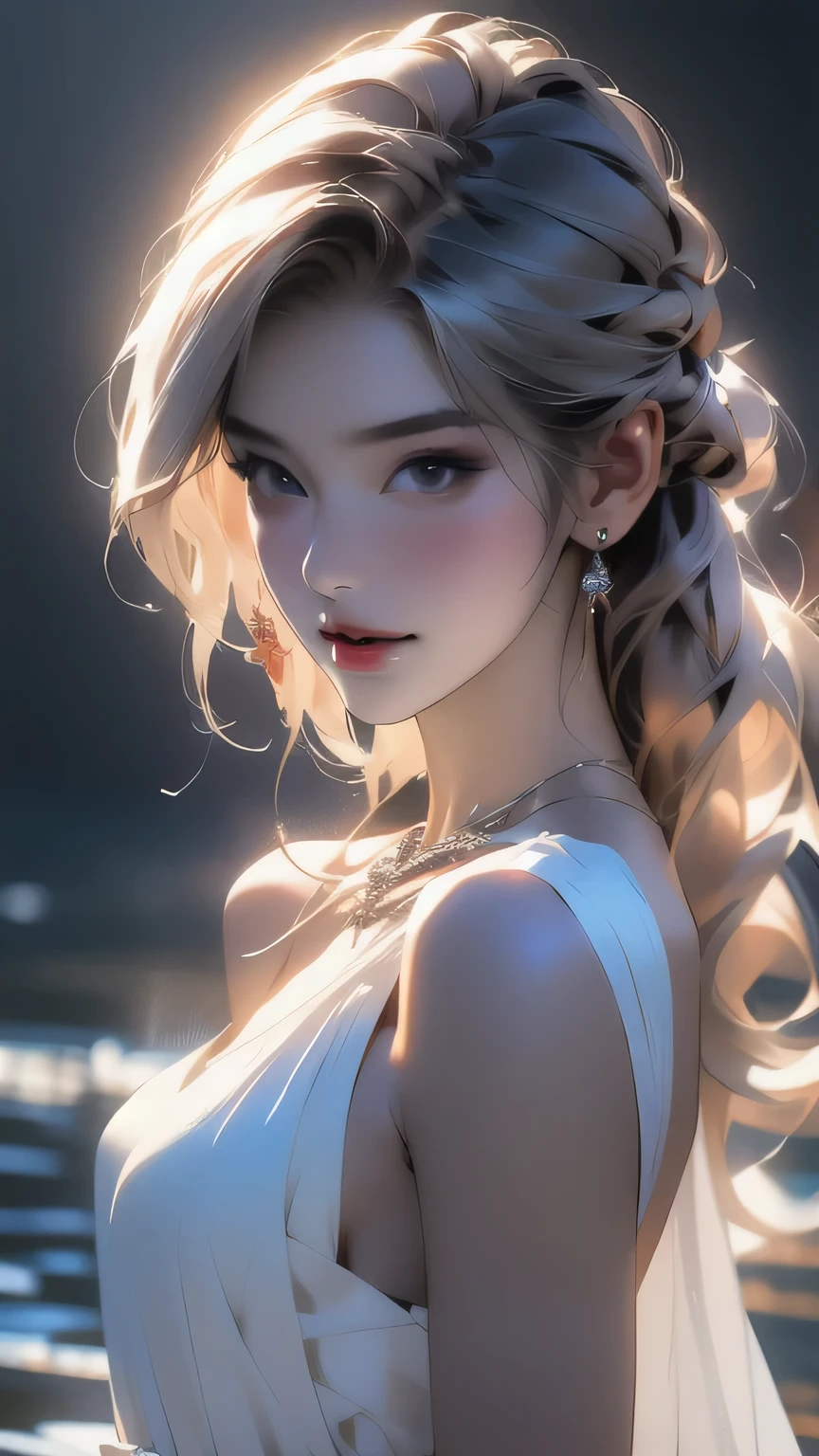 最high quality, masterpiece, High resolution, One girl, clear silk porcelain dress, Beautiful Face, hair accessory, Looking at the audience, smile, Shut your mouth., lips, dress, hair accessory, necklace, jewelry, Long Hair, Earrings, Beautiful Face, On the body, Tidal effect, realism, Dark studio, Edge lighting, Two-tone lighting, (Skin with attention to detail: 1.2), 8K Ultra HD, Digital SLR, Soft Light, high quality, Volumetric lighting, photograph, High resolution 4K, 8K, Blurred Background