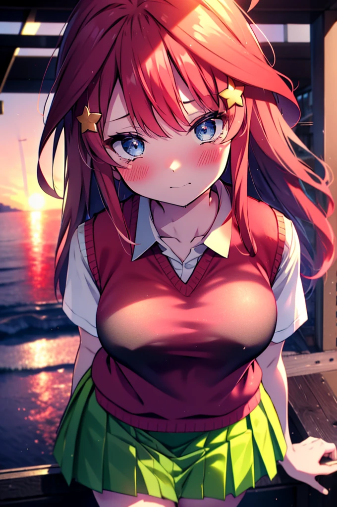 itsukinakano, itsuki nakano, bangs, blue eyes, Hair between the eyes, Ahoge, Redhead, star \(symbol\), hair ornaments, star hair ornaments,Tears stream down her face,Tears of joy,I cry a lot,blush,
skirt, shirt , clavicle, white shirt, Short sleeve, Pleated skirt, socks, collared shirt, mini skirt, Knee-high, white socks, (Green Skirt:1.5), (red sweater vest:1.5),Black Loafers,Sunset,evening,The sun is setting,whole bodyがイラストに入るように,
break outdoors, Back of the school building,
break looking at viewer, whole body,(Cowboy Shot:1. 5)
break (masterpiece:1.2), Highest quality, High resolution, unity 8k wallpaper, (figure:0.8), (Beautiful attention to detail:1.6), Highly detailed face, Perfect lighting, Highly detailed CG, (Perfect hands, Perfect Anatomy),