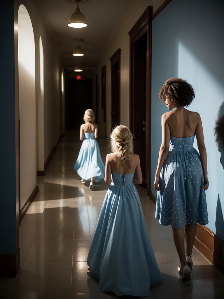 shows three women running down a dimly lit hallway or corridor. The two women on the sides are larger in size and wearing puffy dresses - one blue, one white with polka dots. They both have large afro hairstyles. Between them is a slimmer woman with long blonde hair wearing a fitted blue dress. Behind them, additional silhouetted figures can be seen