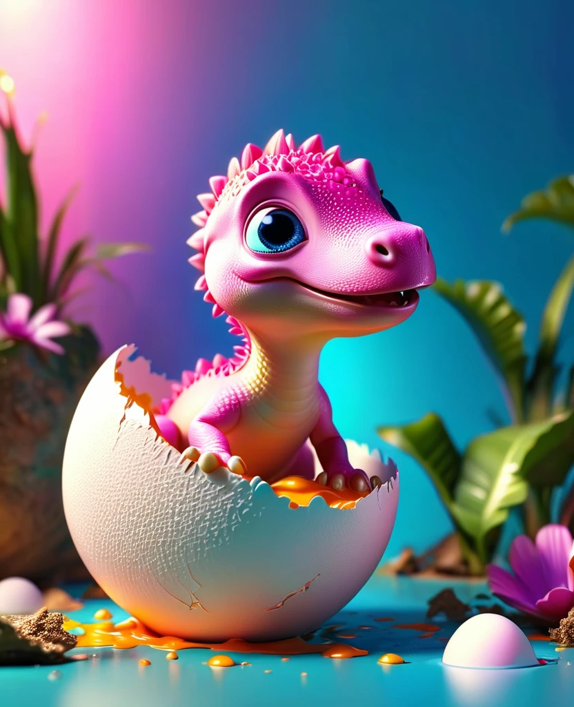 a cute pink baby dinosaur hatching from an eggshell, colorful illustration, whimsical, dynamic composition, vibrant colors, soft lighting, highly detailed, 8k, photorealistic, masterpiece