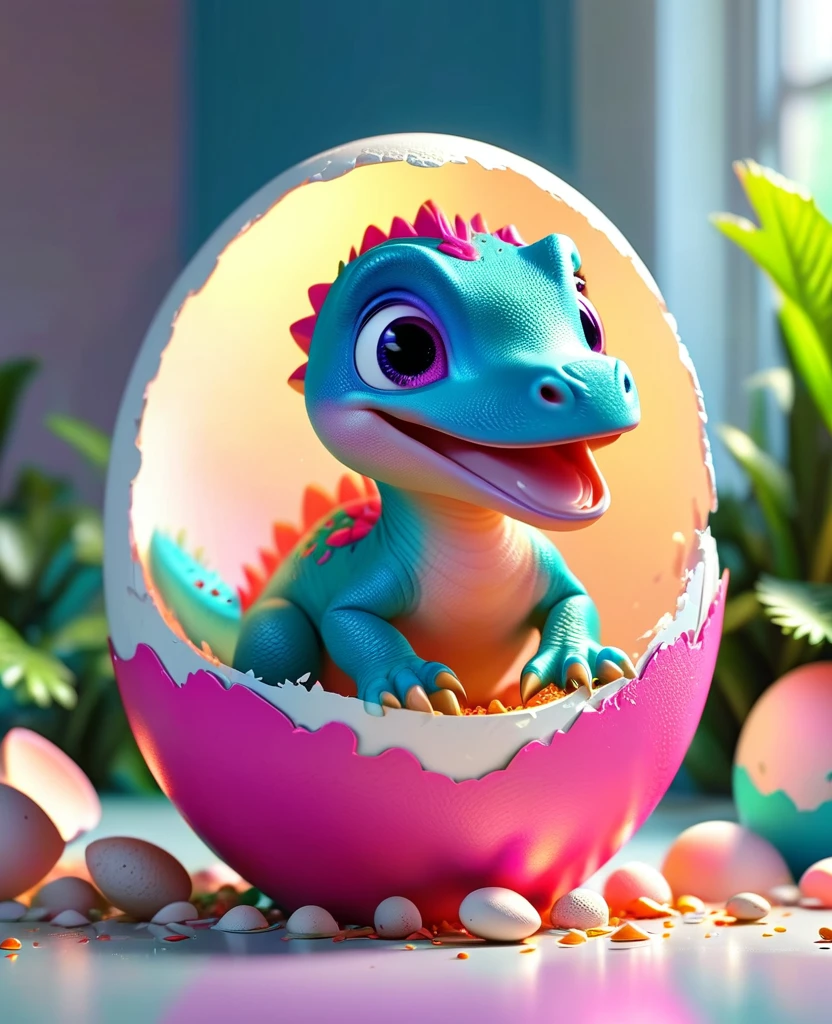 a cute pink baby dinosaur hatching from an eggshell, colorful illustration, whimsical, dynamic composition, vibrant colors, soft lighting, highly detailed, 8k, photorealistic, masterpiece