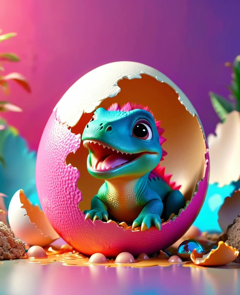 a cute pink baby dinosaur hatching from an eggshell, colorful illustration, whimsical, dynamic composition, vibrant colors, soft lighting, highly detailed, 8k, photorealistic, masterpiece