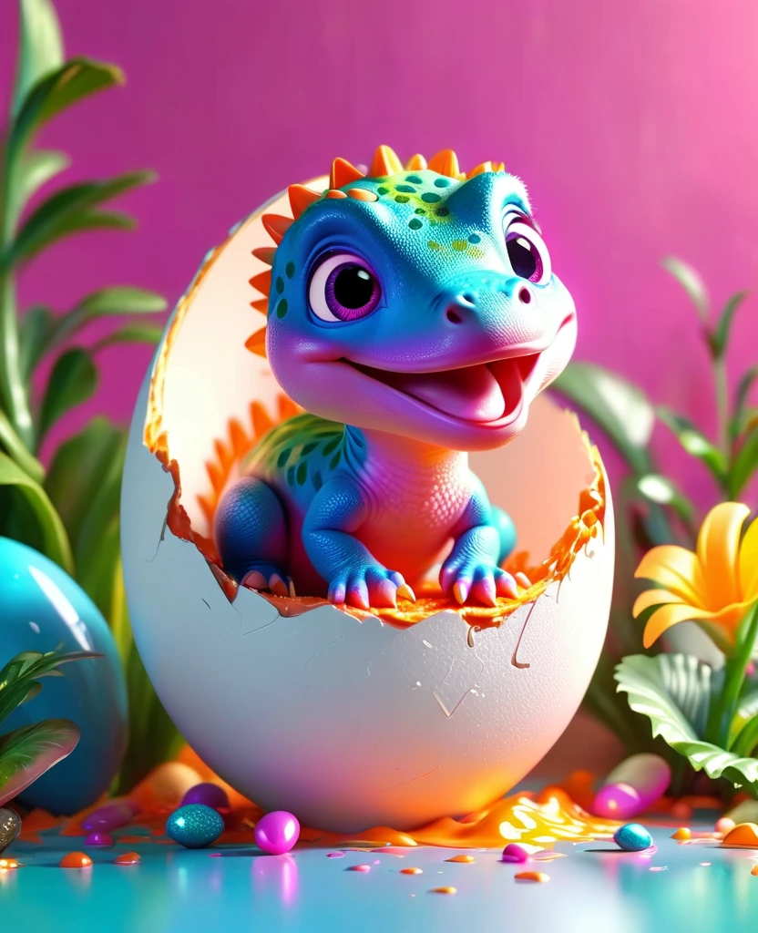 a cute pink  dinosaur hatching from an eggshell, colorful illustration, whimsical, dynamic composition, vibrant colors, soft lighting, highly detailed, 8k, photorealistic, masterpiece