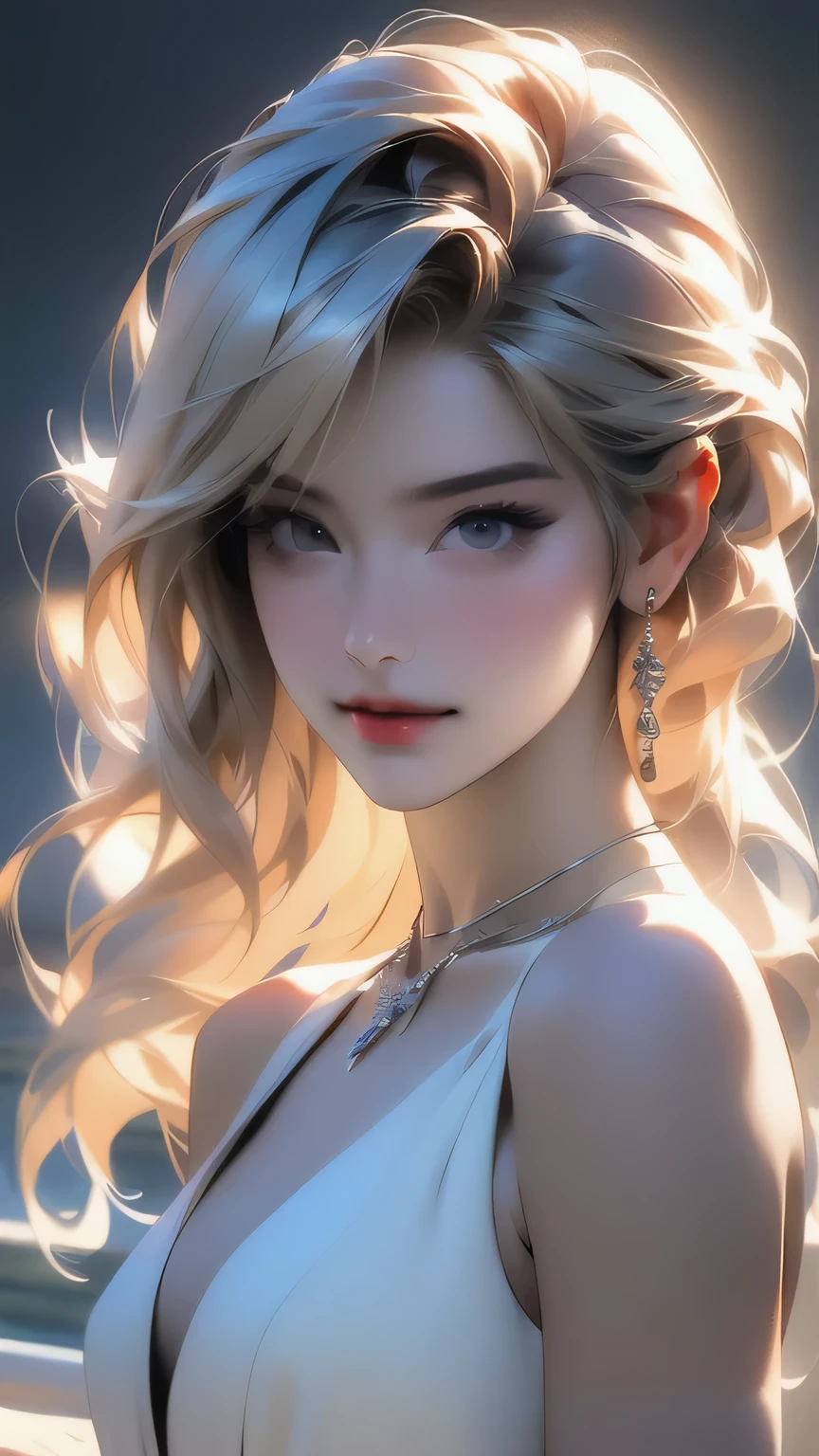 最high quality, masterpiece, High resolution, One girl, clear silk porcelain dress, Beautiful Face, hair accessory, Looking at the audience, smile, Shut your mouth., lips, dress, hair accessory, necklace, jewelry, Long Hair, Earrings, Beautiful Face, On the body, Tidal effect, realism, Dark studio, Edge lighting, Two-tone lighting, (Skin with attention to detail: 1.2), 8K Ultra HD, Digital SLR, Soft Light, high quality, Volumetric lighting, photograph, High resolution 4K, 8K, Blurred Background