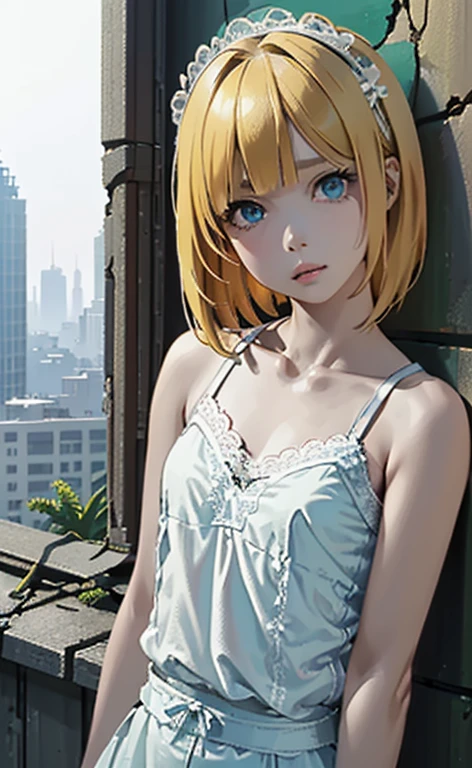 (masterpiece:1.5、Photorealistic:1.4,High Saturation:1.4、high resolution:1.4)、,(spot light:1.2、Exquisite beautiful eye:1.5,)、
(kind eyes、tareme:1.4),()、(Cute Face、Eyes in Love:1.4)、(blonde hair:1.5)、(middle hair:1.5),(sidelock :1.6),(blunt bangs:1.3),(1 girl)、(aqua eyes:1.2)、(upper body:1.5)、(clear face:1.5),(stand)、(Leaning against a wall:1.3)、(head tilt) ,(),(flat chest),(),(white lace camisole:1.5),(),(Abandoned city overrun by plants:1.5)、()、()、Slim Body(),Shiny Hair、girl、