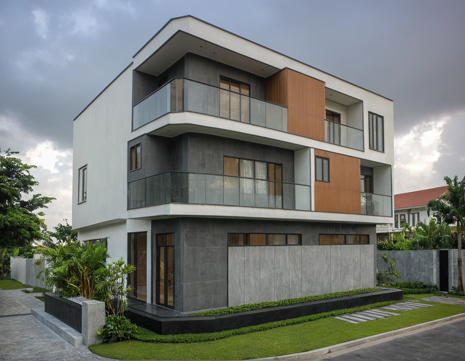 modern villa on street, (overcast lighting:1.2), tropical tree, vivid color, streetcapes, nice sky, grey and white tone, (large glass door:1.2), warm interior lighting, modern material, best quality, ultra realistic, masterpiece, 17ArchiAI_XL_VL-v1