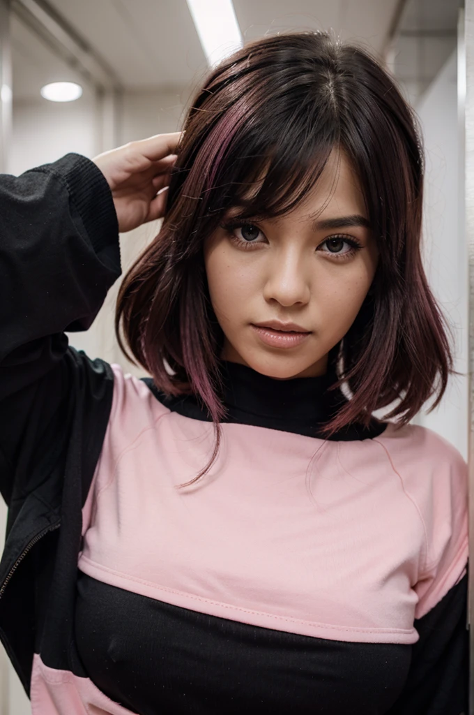 Rambut pink,black clothes, women's white floral accessories