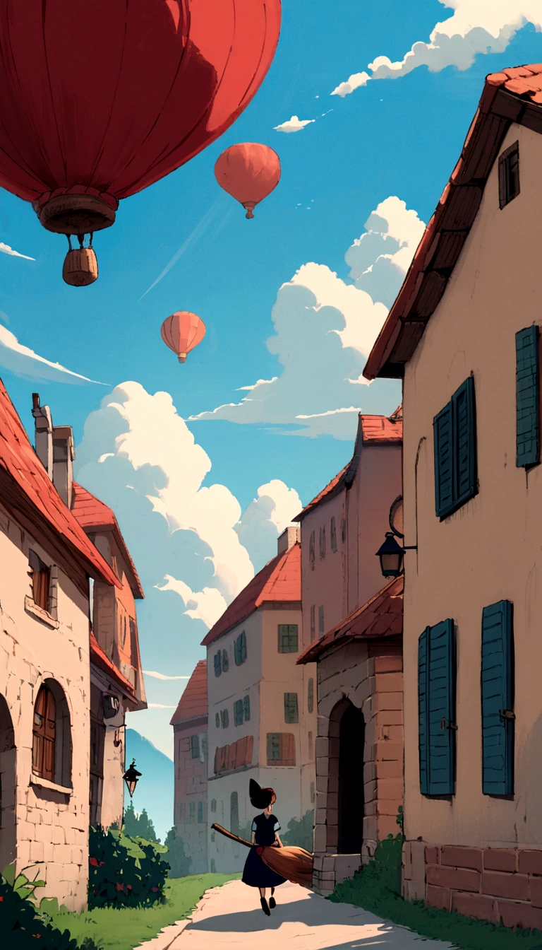 Fantasy painting,Kiki's Delivery Service,A girl in blue flying through the sky on a broom,Back view,Ghibli style,Croatian residential area