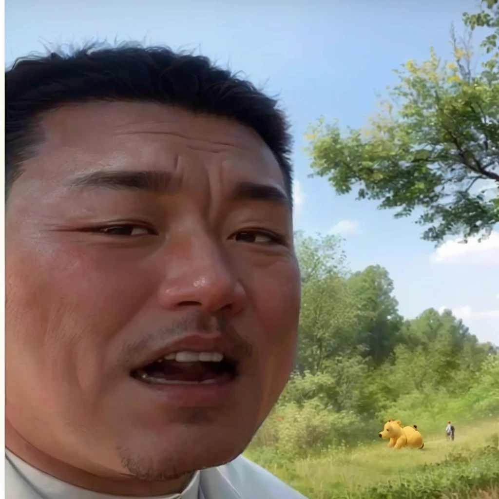 there is a man that is standing in the grass with a cell phone, chinese artist, low quality video, youtube video screenshot, ancient mongolian elon musk, yanjun chengt,  as winnie the pooh, 千 葉 雄 大, asian man, trees in background, huifeng huang, paul lung, north korean slasher