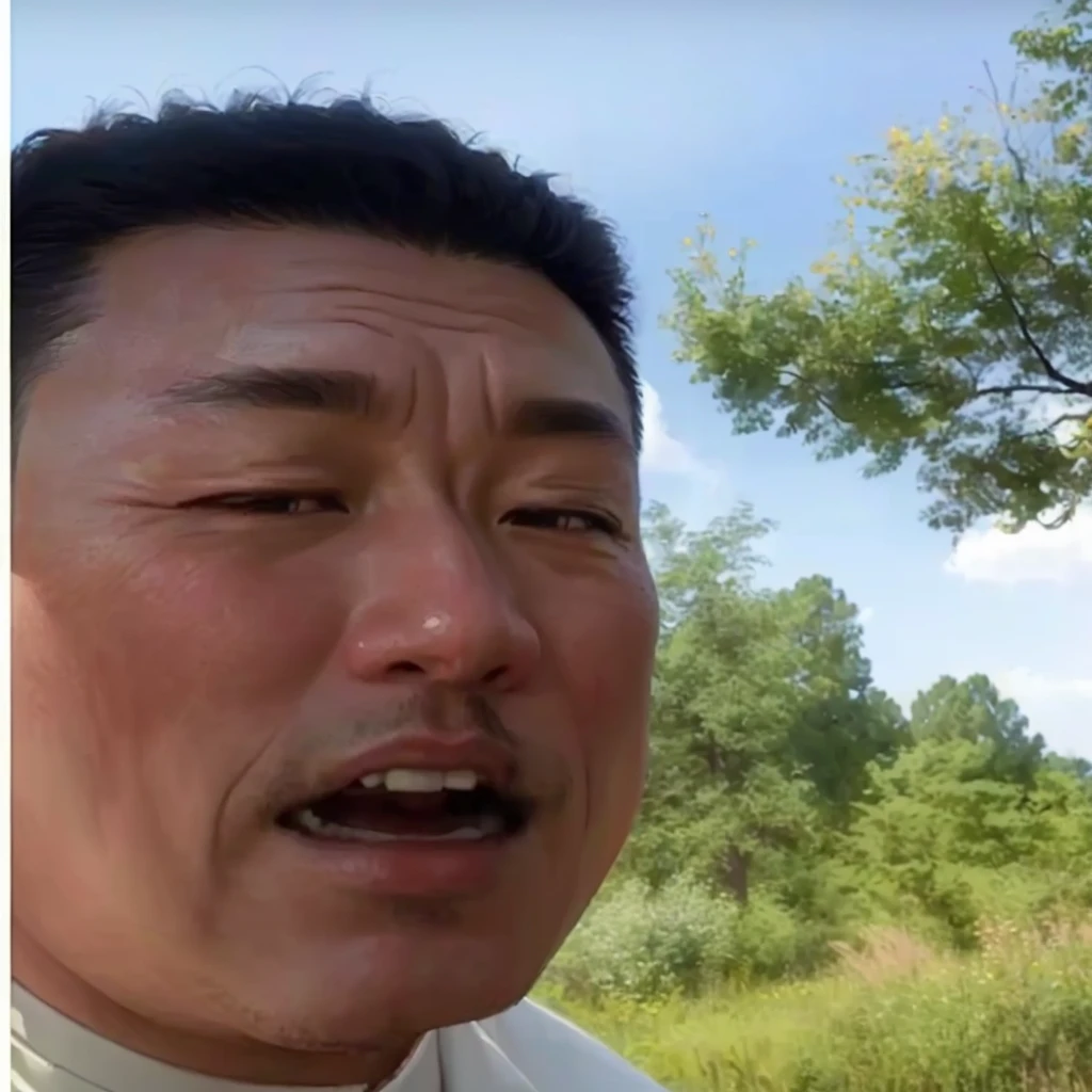 there is a man that is standing in the grass with a cell phone, chinese artist, low quality video, youtube video screenshot, ancient mongolian elon musk, yanjun chengt,  as winnie the pooh, 千 葉 雄 大, asian man, trees in background, huifeng huang, paul lung, north korean slasher