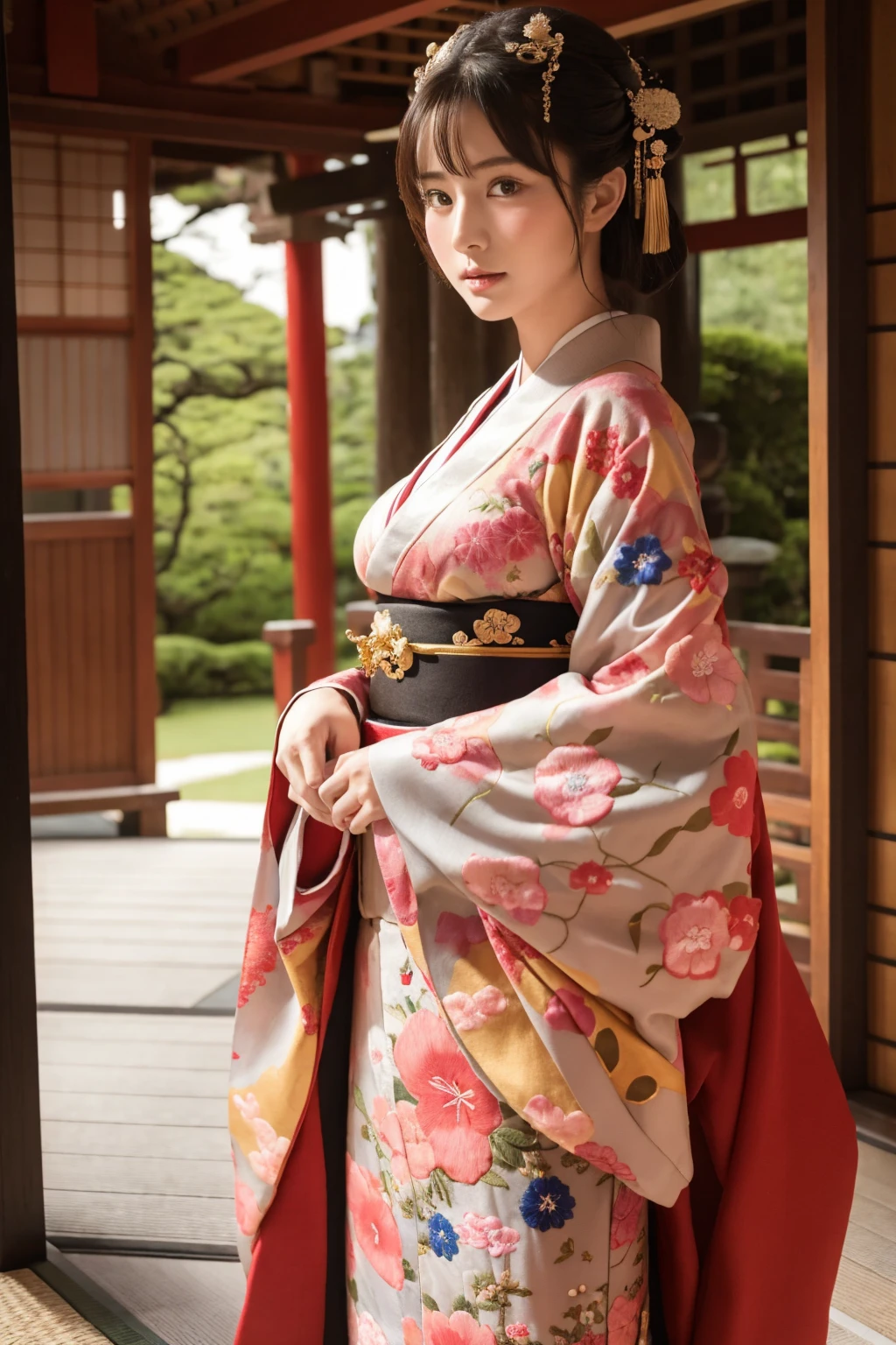 Japan、Sengoku period、Beautiful woman、Very large breasts、Very gorgeous kimono、embroidery