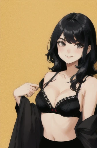 A girl with black hair in little black lingerie smiles for the photo.