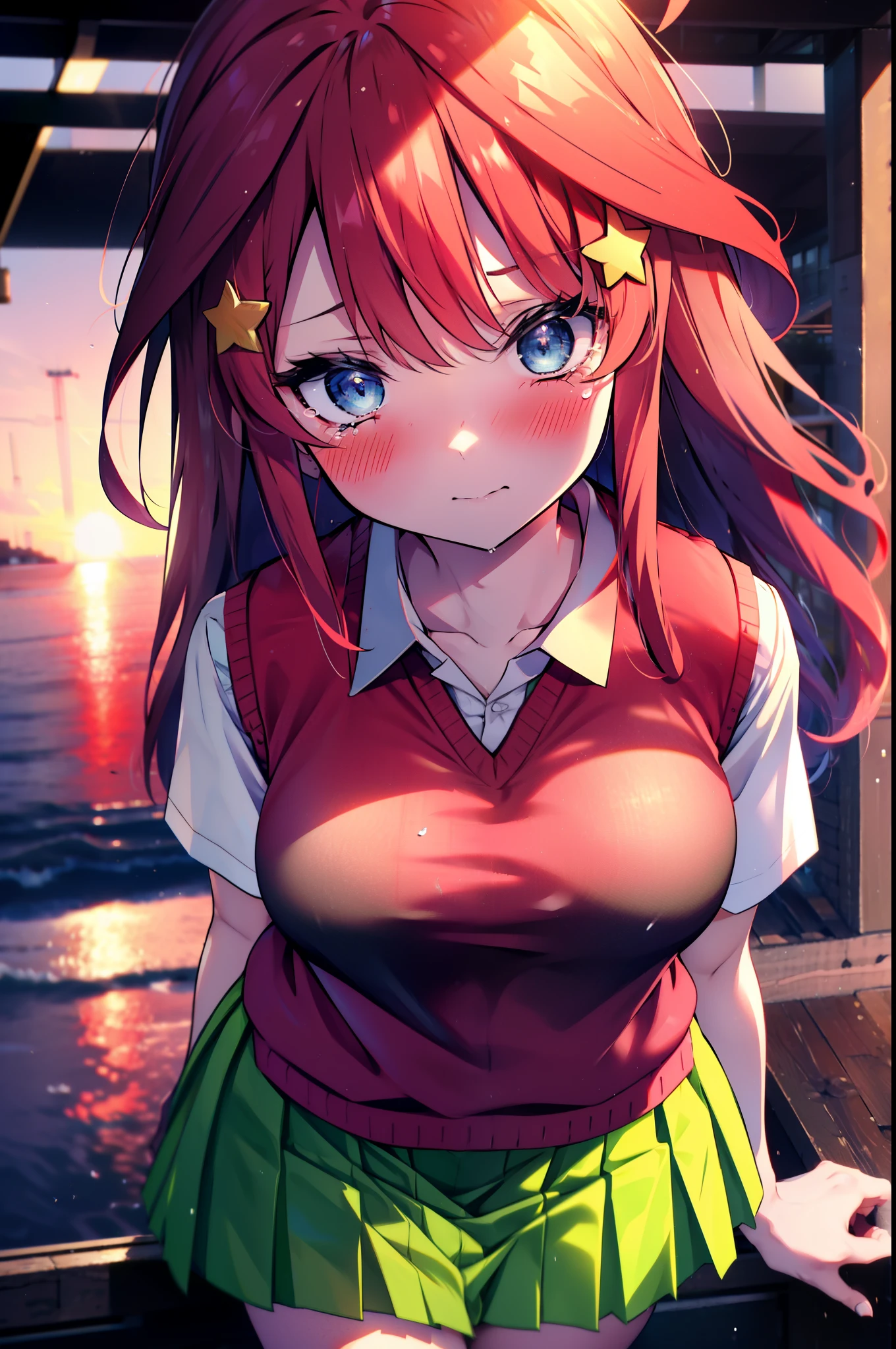 itsukinakano, itsuki nakano, bangs, blue eyes, Hair between the eyes, Ahoge, Redhead, star \(symbol\), hair ornaments, star hair ornaments,Tears stream down her face,Tears of joy,I cry a lot,blush,
skirt, shirt , clavicle, white shirt, Short sleeve, Pleated skirt, socks, collared shirt, mini skirt, Knee-high, white socks, (Green Skirt:1.5), (red sweater vest:1.5),Black Loafers,Sunset,evening,The sun is setting,whole bodyがイラストに入るように,
break outdoors, Back of the school building,
break looking at viewer, whole body,(Cowboy Shot:1. 5)
break (masterpiece:1.2), Highest quality, High resolution, unity 8k wallpaper, (figure:0.8), (Beautiful attention to detail:1.6), Highly detailed face, Perfect lighting, Highly detailed CG, (Perfect hands, Perfect Anatomy),