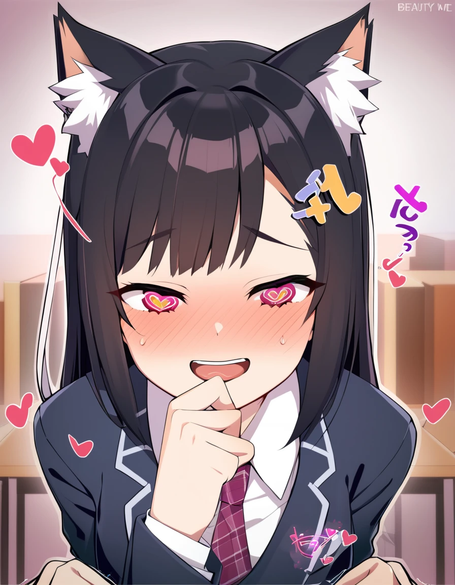 one girl, cat ears, school blazer, naive, pure, girl love me, heart mark, from above, open mouth, wariza, sexy mouth, semen in mouth, happily