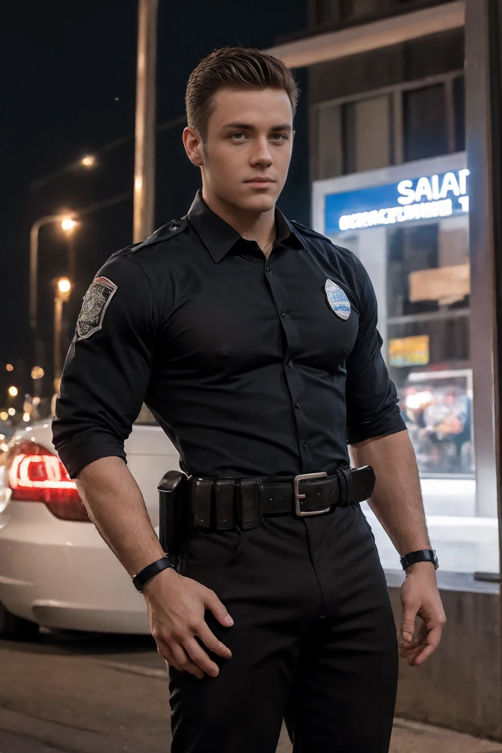 Portrait of Carl Gallagher, he is a police officer, he is ((wearing a fitted police officer uniform:1.4)), ((blue fitted button up shirt, sleeves rolled up, black pants, belt, badge, cuffs,:1.4)), (bulge in police pants), ((police officer belt:1.4)), handsome man, attractive man, handsome male, ((standing next to a Police car at night, lights flashing:1.4)), inspired by Pablo Munoz Gomez, editorial photograph, midshot of a Carl Gallagher, by Roman Bezpalkiv, by Artur Tarnowski, maxim sukharev, by Gabor Szikszai,Highly Detailed, highly detailed, broad shouldered, slim but toned, smirking, at night, nighttime, sfw, ((safe for work:1.4))