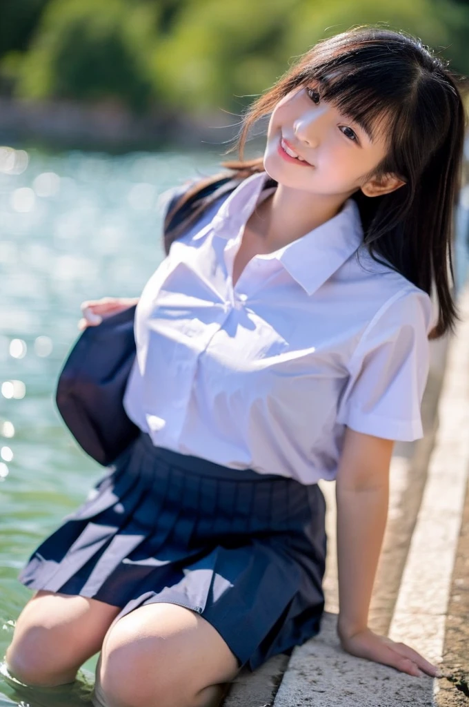 NSFW,Girl playing in the river,high school student,Japanese,((See-through shirt, uniform),17 years old, black hair ,no good,medium breast,