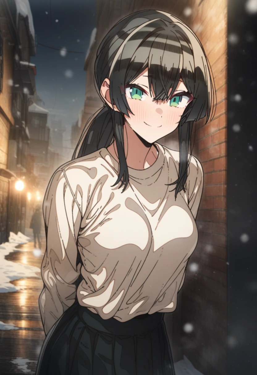 1girl, erere, solo, official art, black hair, green eyes, smile, attractive, looking at viewer, pony tail, side bangs, medium breasts, black pleated skirt, white shirt, hands behind back, raised eyebrows, expressive, smile, outdoors, scenery, best quality, masterpiece, (very aesthetic, best quality, ultra detailed), light particles, snow, moonlight, street, blush, close
