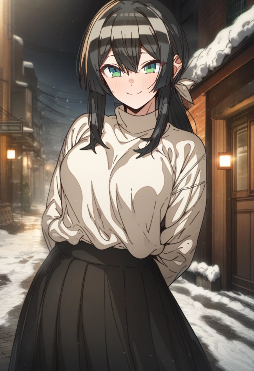 1girl, erere, solo, official art, black hair, green eyes, smile, attractive, looking at viewer, pony tail, side bangs, medium breasts, black pleated skirt, white shirt, hands behind back, raised eyebrows, expressive, smile, outdoors, scenery, best quality, masterpiece, (very aesthetic, best quality, ultra detailed), light particles, snow, moonlight, street, blush, close