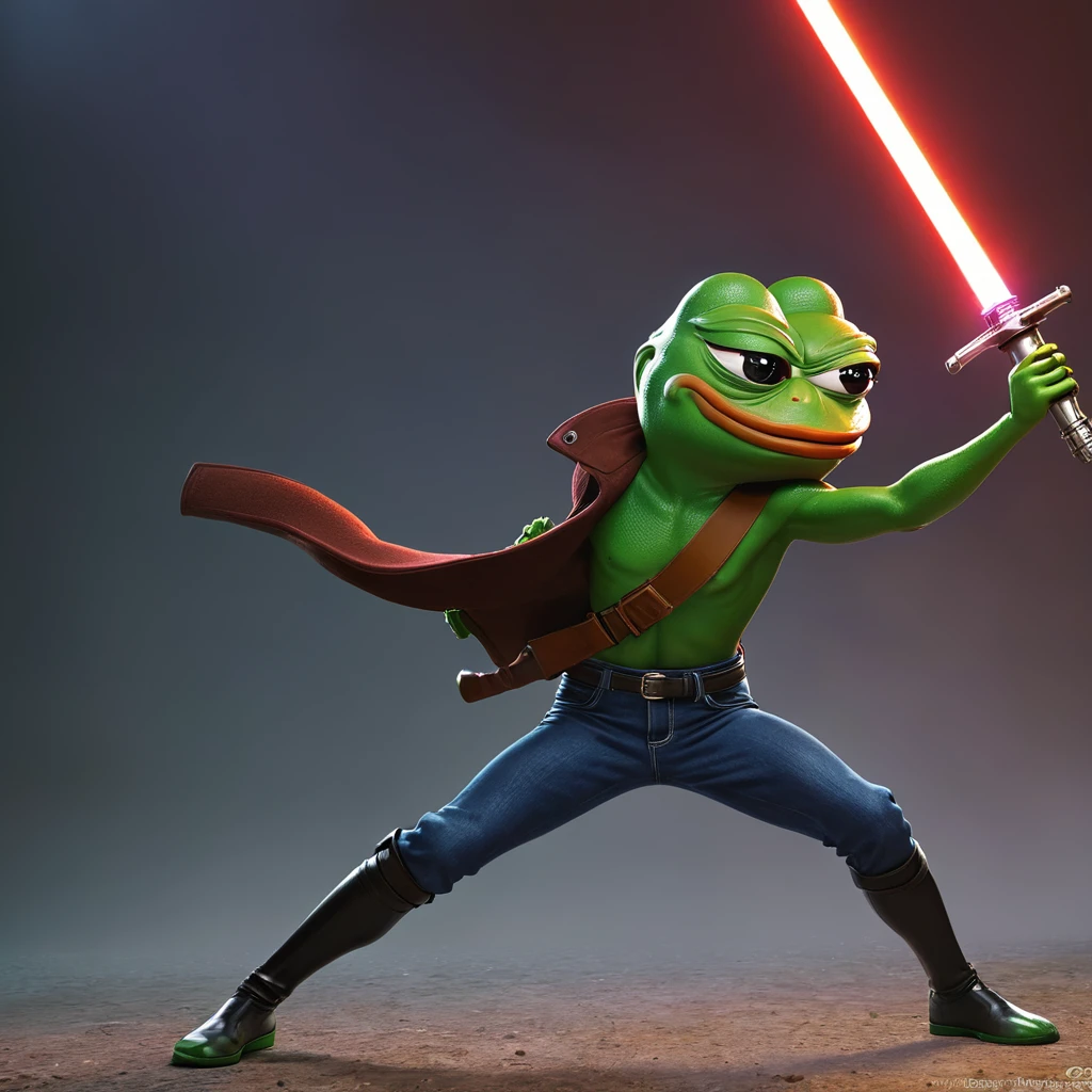 pepe the frog, fighting with his enemy holding a saber, highly detailed, 3D render, photorealistic, sharp focus, concept art, dynamic pose, intense expression, dramatic lighting, vivid colors, fantasy elements, intricate details, cinematic, epic scale