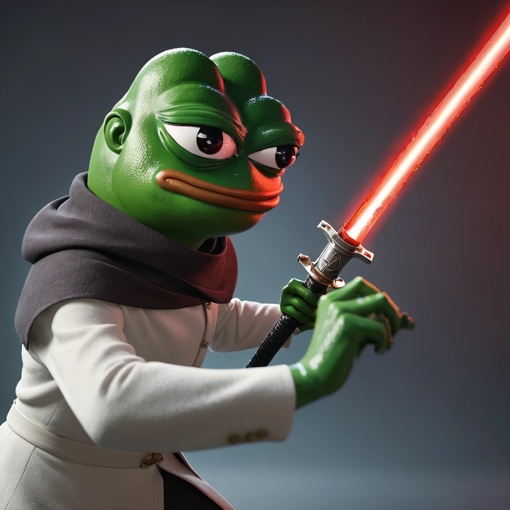 pepe the frog, fighting with his enemy holding a saber, highly detailed, 3D render, photorealistic, sharp focus, concept art, dynamic pose, intense expression, dramatic lighting, vivid colors, fantasy elements, intricate details, cinematic, epic scale