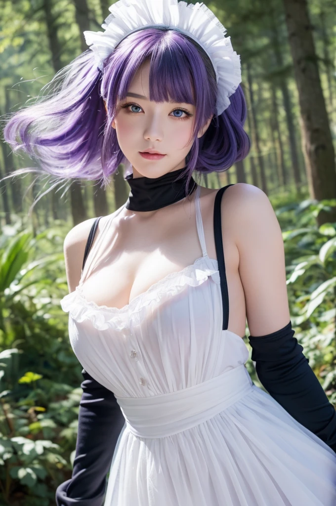 ((masterpiece)), ((best quality)), (ultra-detailed), watercolor, gradation, forest, a cute girl, solo, maid, beautiful purple hair, , (beautiful eyes), black gloves, wind effect