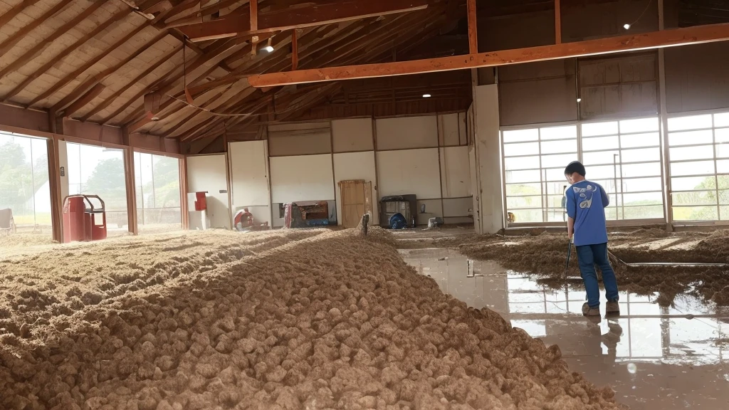 a young chinese men with specs is cleaning off pig poops in the farm yard indoor, there are pigs walking around them.