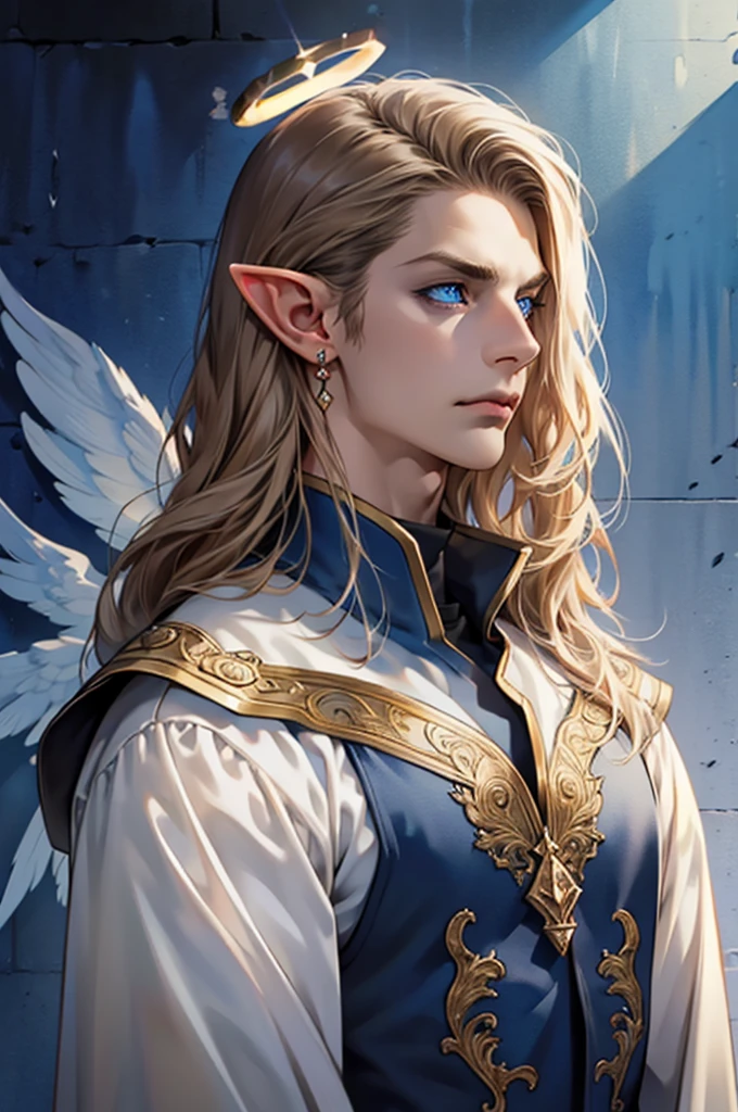 (masterpiece:1.2, best quality), (exquisite eyes: 1.2), ((solo)), (blue eyes:1.4), (exquisite eyes and exquisite face:1.3), ( beautiful and clear background: 1.2), (extremely detailed CG, super detailed, best shadows: 1.1), ((depth of field)), ((watercolor)), Beautiful Concept Art, (dark Background: 0.5), (Illustration: 1.1), (Extremely Delicate: 1.1), (Perfect Details: 1.1), Profile, long hair ,light brown hair,, solo,male, elf ears, ear piercings , black armor, full sleeves, black clothes,Fulllength, angry, bright halo, strong, angel