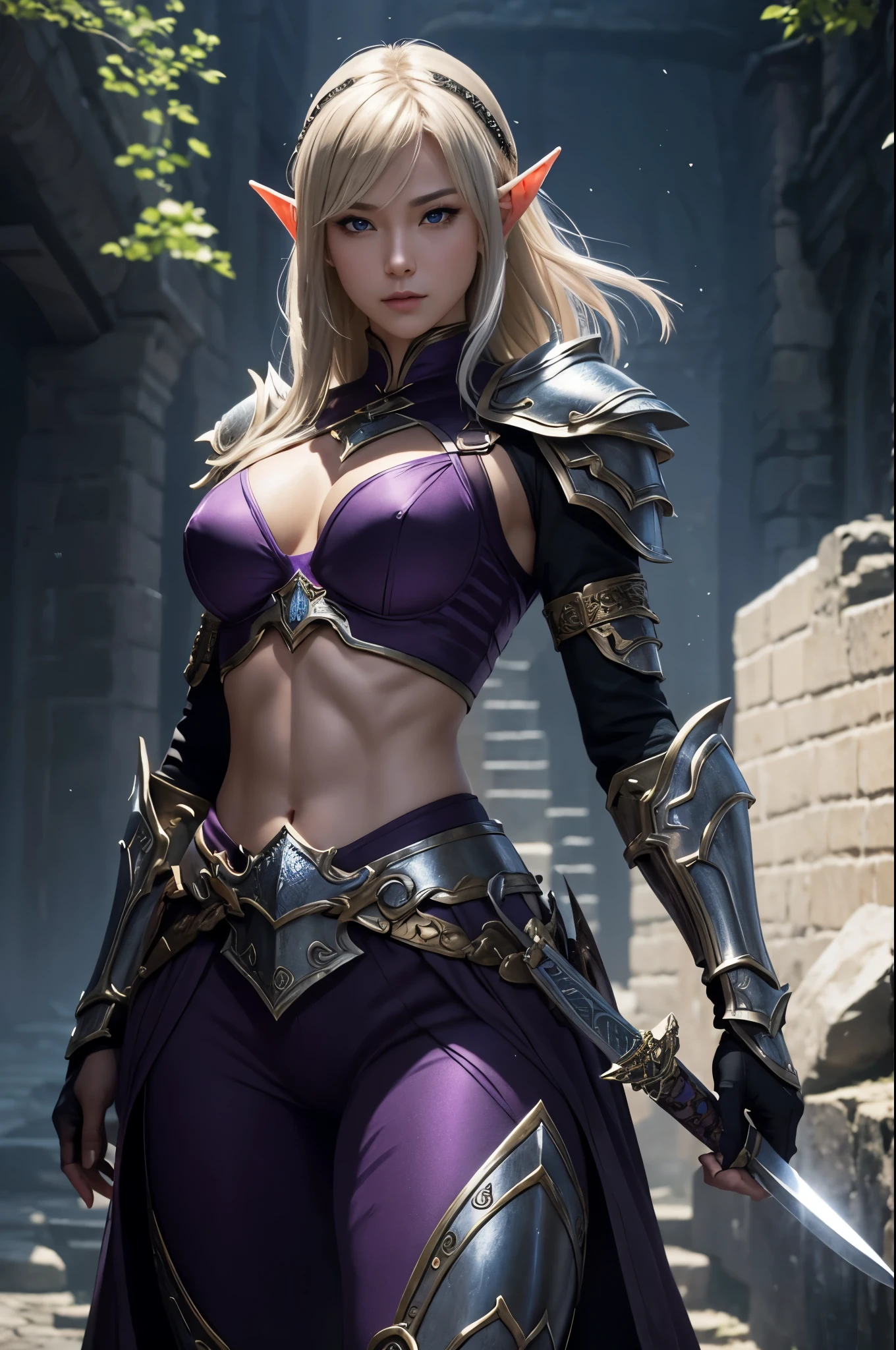 8K、Blonde short bobヘアのエルフ、Super Beauty(Realistic)、Alafeido woman in purple and black outfit、Ultra-detailed fantasy characters、3D Rendering Character Art、blue eyes、Detail Fantasy、Stunning Armor、Amazing character art、Gorgeous Female Paladin、Ultra-high resolution、Ultra-Realistic Skin、Beautiful expression、Sexy appearance、Enchanting、Beautiful small breasts、Rich colors、Backlight、Cinema Lighting、Film Grain、50mm lens、Nikon D850、Fantasy art、Dynamic fighting poses、In a dimly lit dungeon、make、Elf Ears、Very muscular and slim body、Very strong abs(Six Pack)、Silver hair ornament(one point)、Purple and black combat pants、湾曲した銀2Holds two small swords in each hand、Preparing for battle、Blonde short bob,Strengthening muscles throughout the body,Extremely strong and defined abs(Six Pack),2Holds two small swords in each hand,