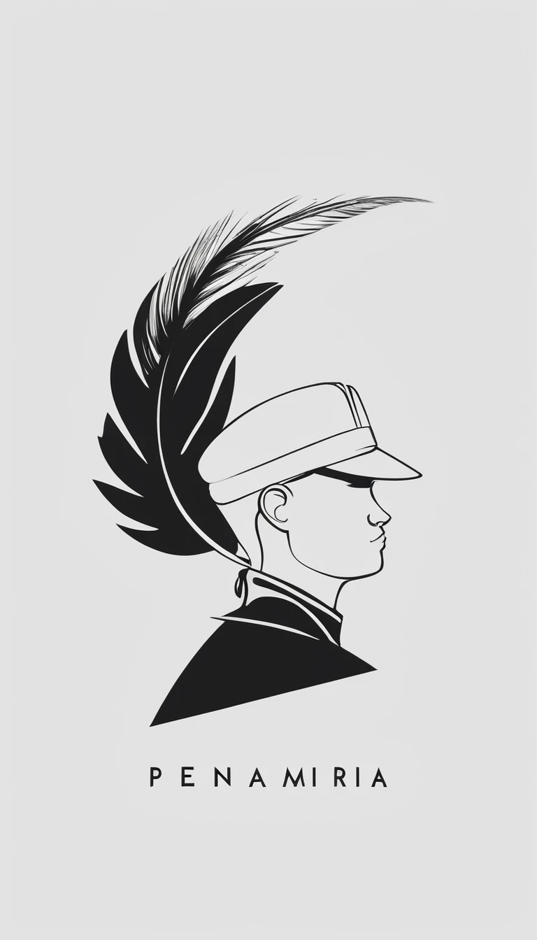 A minimal, modern, simple, cinematic logotype of a boy with a head full of feathers for the brand “Penamemoria" .