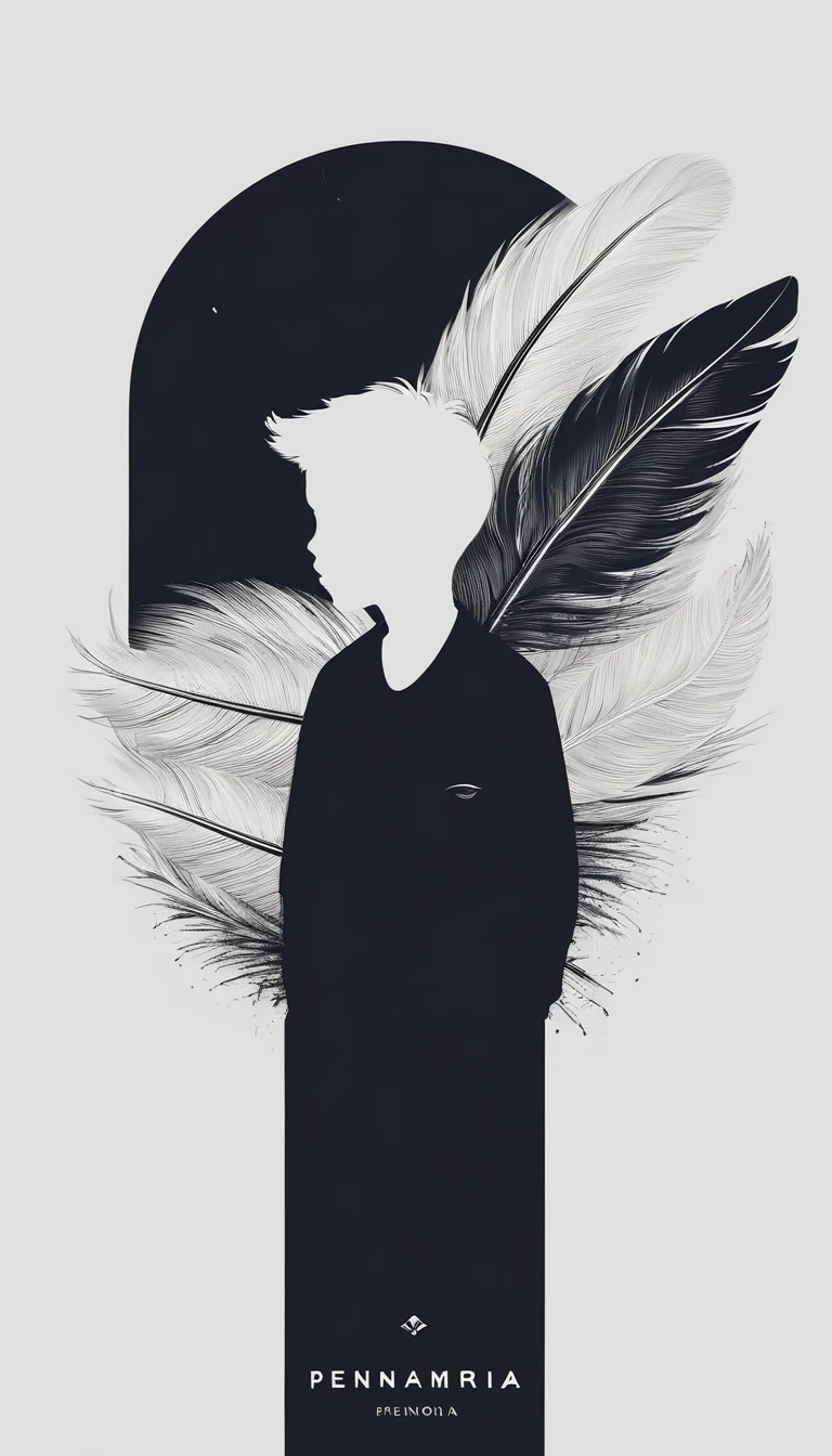 A minimal, modern, simple, cinematic logotype of a boy with a head full of feathers for the brand “Penamemoria" .