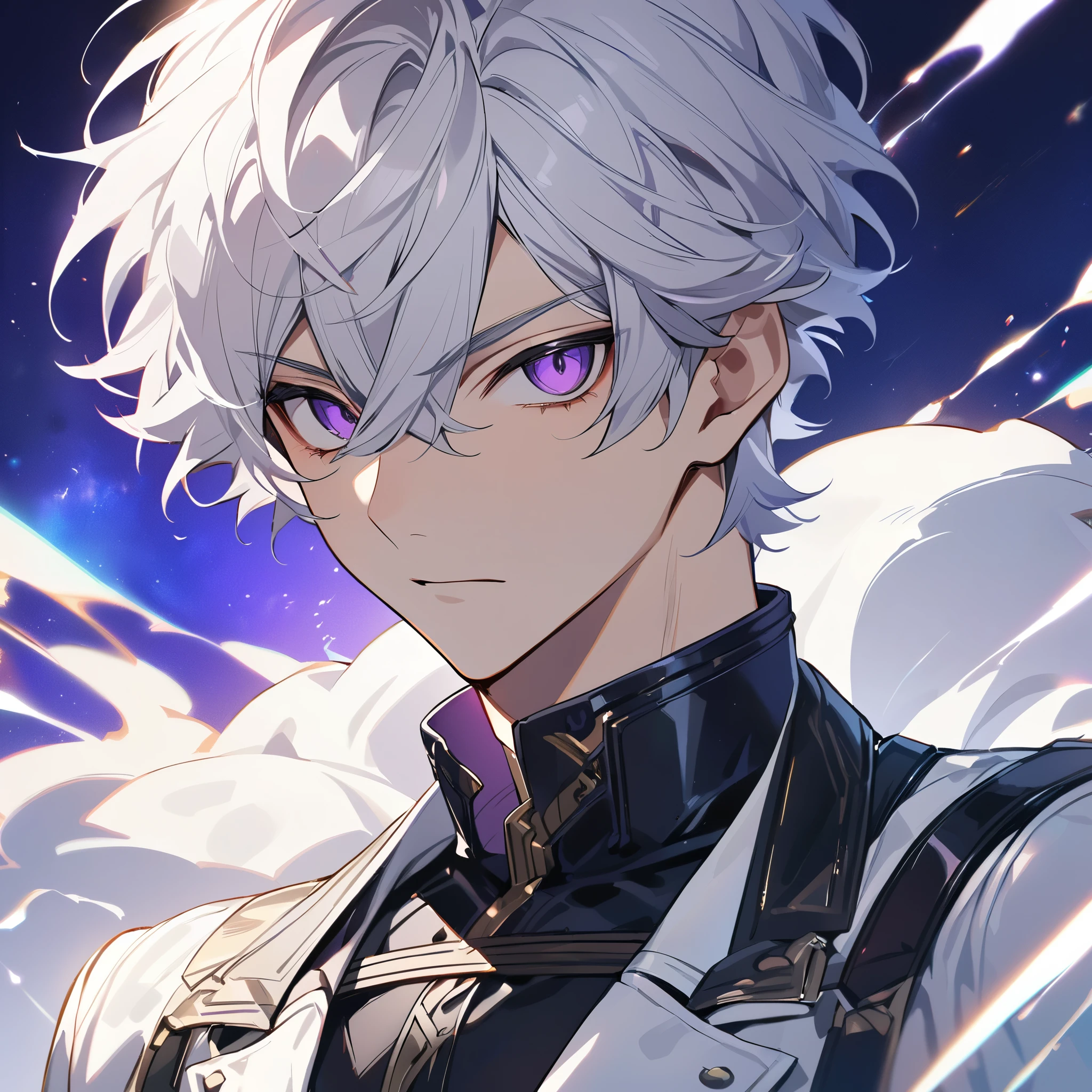 High quality, HD, 4k, no shadows, handsome male, 1male, , teenager, go lining, short white hair, sharp eyes, dark purple eyes, deep purple eyes, devil may cry, close up, calm expression, stoic expression, black leather clothes, white leather clothing, lean body, well trained body, upper body, looking at viewer, cowboy shot, white solar, space background