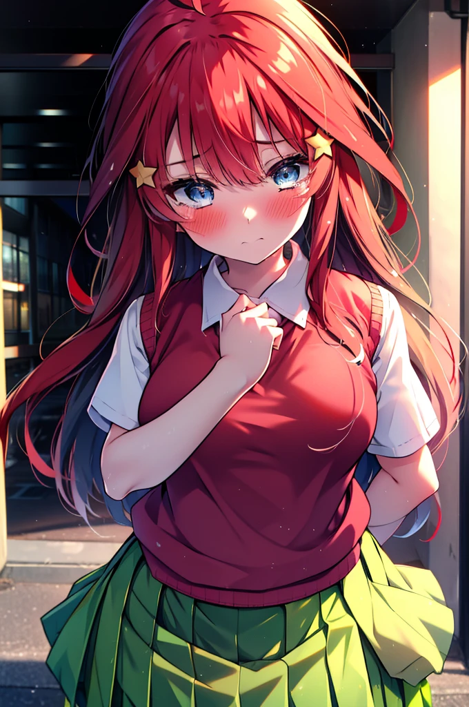 itsukinakano, itsuki nakano, bangs, blue eyes, Hair between the eyes, Ahoge, Redhead, star \(symbol\), hair ornaments, star hair ornaments,Tears stream down her face,Tears of joy,I cry a lot,blush,
 skirt, shirt , clavicle, white shirt, Short sleeve, Pleated skirt, socks, collared shirt, mini skirt, Knee-high, white socks, (Green Skirt:1.5), (red sweater vest:1.5),Black Loafers,Sunset,evening,The sun is setting,whole bodyがイラストに入るように,
break outdoors, Back of the school building,
break looking at viewer, whole body,(Cowboy Shot:1. 5)
break (masterpiece:1.2), Highest quality, High resolution, unity 8k wallpaper, (figure:0.8), (Beautiful attention to detail:1.6), Highly detailed face, Perfect lighting, Highly detailed CG, (Perfect hands, Perfect Anatomy),