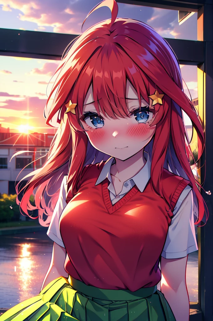 itsukinakano, itsuki nakano, bangs, blue eyes, Hair between the eyes, Ahoge, Redhead, star \(symbol\), hair ornaments, star hair ornaments,Tears stream down her face,Tears of joy,I cry a lot,blush,
skirt, shirt , clavicle, white shirt, Short sleeve, Pleated skirt, socks, collared shirt, mini skirt, Knee-high, white socks, (Green Skirt:1.5), (red sweater vest:1.5),Black Loafers,Sunset,evening,The sun is setting,whole bodyがイラストに入るように,
break outdoors, Back of the school building,
break looking at viewer, whole body,(Cowboy Shot:1. 5)
break (masterpiece:1.2), Highest quality, High resolution, unity 8k wallpaper, (figure:0.8), (Beautiful attention to detail:1.6), Highly detailed face, Perfect lighting, Highly detailed CG, (Perfect hands, Perfect Anatomy),