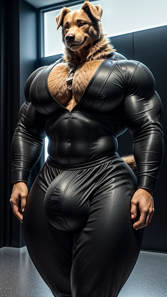 tail, dog, golden retriever, muscular, model posing, gray room, fluffy fur, tall, giant, (big bulge), (((jiggly big pecs))), (((small waist))), (((wide hips))), (((big ass))), handsome, ((wearing black suit)), smile, (((realistic, 8k, ultra details, masterpiece)))