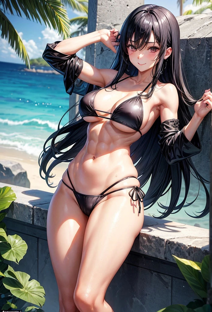 beautiful girl、Big Breasts、Black Hair、Long Straight、Great style、Nice body、Abdominal muscles、Muscular、Beautiful buttocks、Toned Legs、The whole body is visible、Sweaty skin、Sexy pose、gravure、gravureアイドル、Midsummer Sea、Black Bikini、A gentle smile、One girl