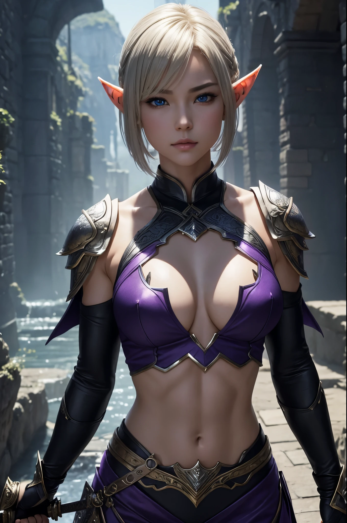 8K、Blonde short bobヘアのエルフ、Super Beauty(Realistic)、Alafeido woman in purple and black outfit、Ultra-detailed fantasy characters、3D Rendering Character Art、blue eyes、Detail Fantasy、Stunning Armor、Amazing character art、Gorgeous Female Paladin、Ultra-high resolution、Ultra-Realistic Skin、Beautiful expression、Sexy appearance、Enchanting、Beautiful small breasts、Rich colors、Backlight、Cinema Lighting、Film Grain、50mm lens、Nikon D850、Fantasy art、Dynamic fighting poses、In a dimly lit dungeon、make、Elf Ears、Very muscular and slim body、Very strong abs(Six Pack)、Silver hair ornament(one point)、Purple and black combat pants、湾曲した銀2Holds two small swords in each hand、Preparing for battle、Blonde short bob,Strengthening muscles throughout the body,Extremely strong and defined abs(Six Pack),２Holds two small swords in each hand,