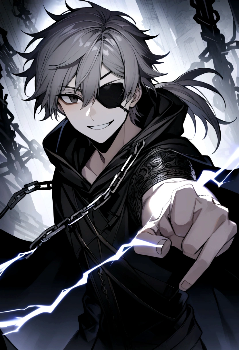 a man, young 20 years old, cold look, smiling fiercely, white teeth, messy short gray hair, ponytail, black eyes, left eye patch, black clothes, dark cape with hood, chains. frontal camera. White and black lightning overflowing from the right arm, iris of the right eye glowing white.