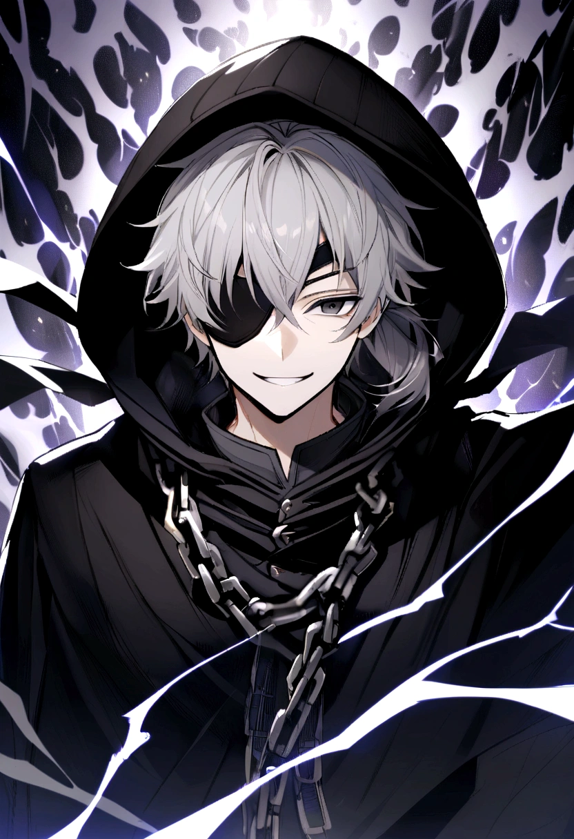 a man, young 20 years old, cold look, smiling fiercely, white teeth, messy short gray hair, ponytail, black eyes, left eye patch, black clothes, dark cape with hood, chains. frontal camera. White and black lightning overflowing from the right arm, iris of the right eye glowing white.