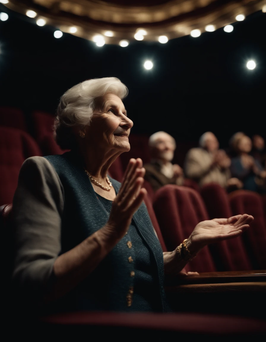 An elderly woman applauding a man singing in an empty theater