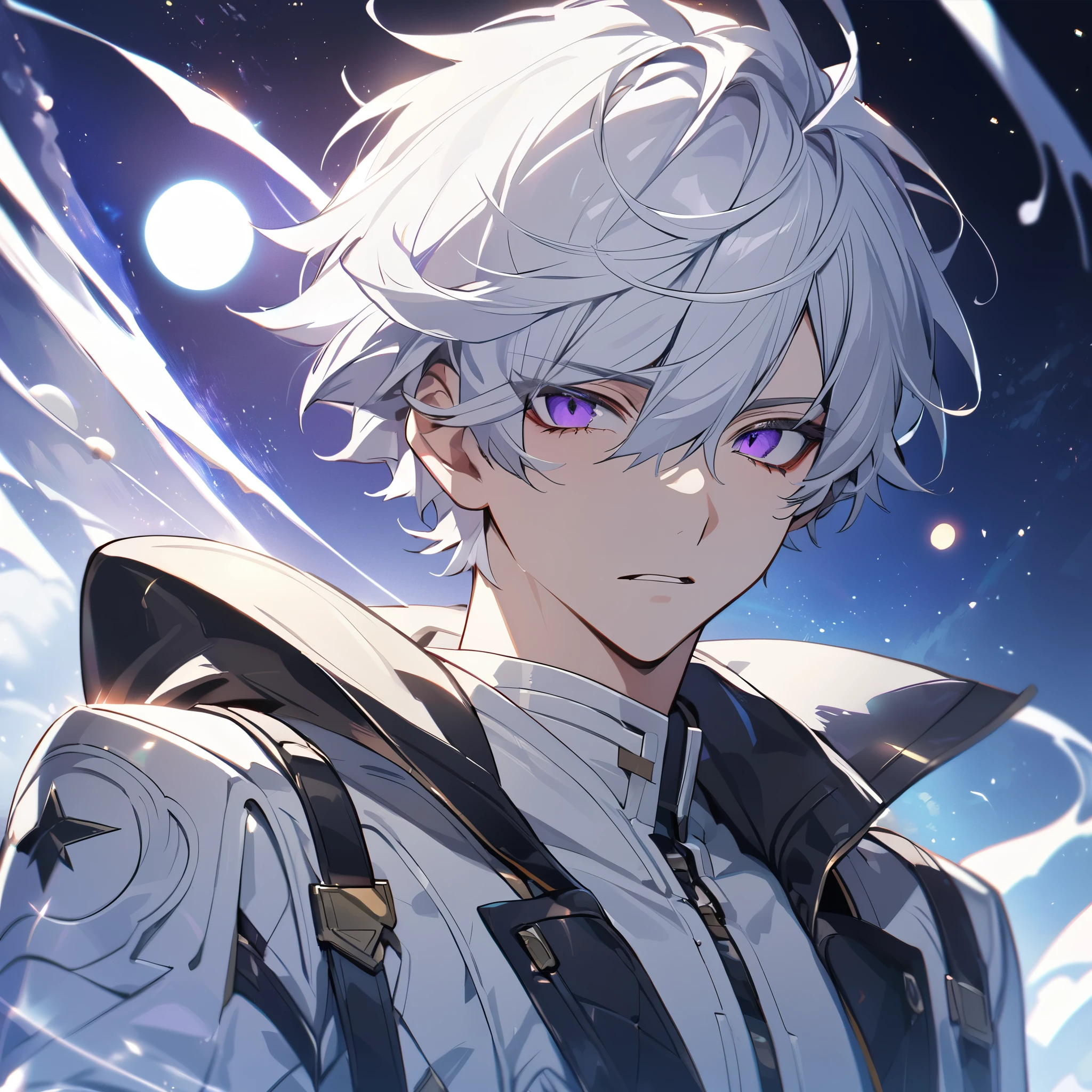 High quality, HD, 4k, no shadows, handsome male, 1male, , teenager, go lining, short white hair, sharp eyes, dark purple eyes, deep purple eyes, devil may cry, close up, calm expression, stoic expression, black leather clothes, white leather clothing, lean body, well trained body, upper body, looking at viewer, cowboy shot, white solar, space background