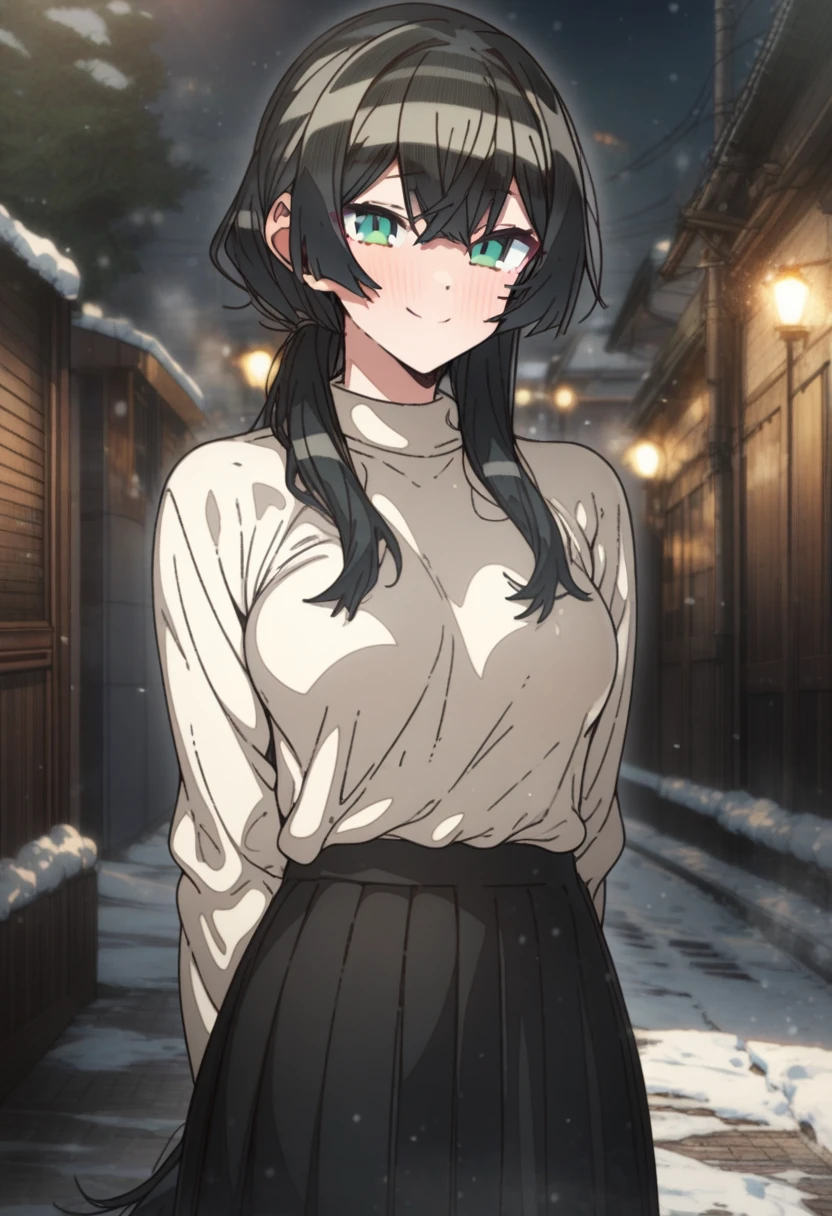 1girl, erere, solo, official art, black hair, green eyes, smile, attractive, looking at viewer, pony tail, side bangs, medium breasts, black pleated skirt, white shirt, hands behind back, raised eyebrows, expressive, smile, outdoors, scenery, best quality, masterpiece, (very aesthetic, best quality, ultra detailed), light particles, snow, moonlight, street, blush, swept_bangs, close