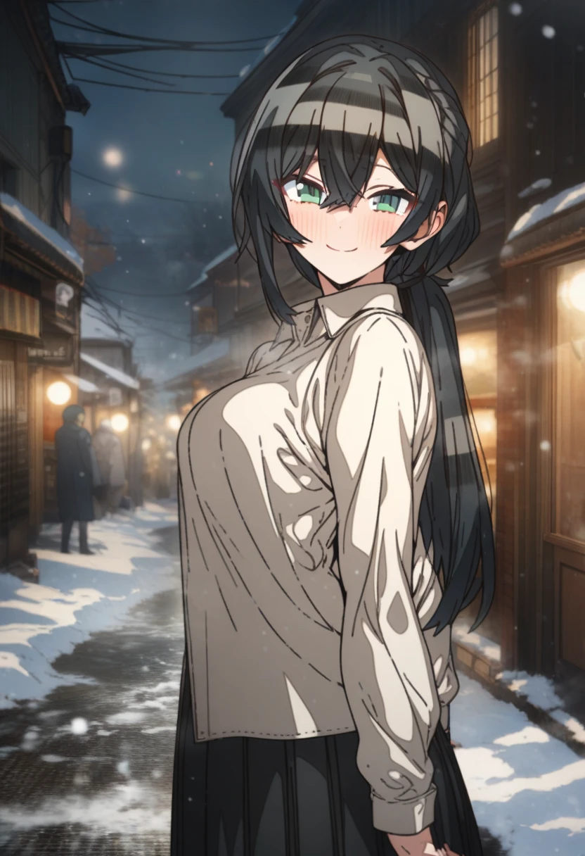 1girl, erere, solo, official art, black hair, green eyes, smile, attractive, looking at viewer, pony tail, side bangs, medium breasts, black pleated skirt, white shirt, hands behind back, raised eyebrows, expressive, smile, outdoors, scenery, best quality, masterpiece, (very aesthetic, best quality, ultra detailed), light particles, snow, moonlight, street, blush, swept_bangs, close