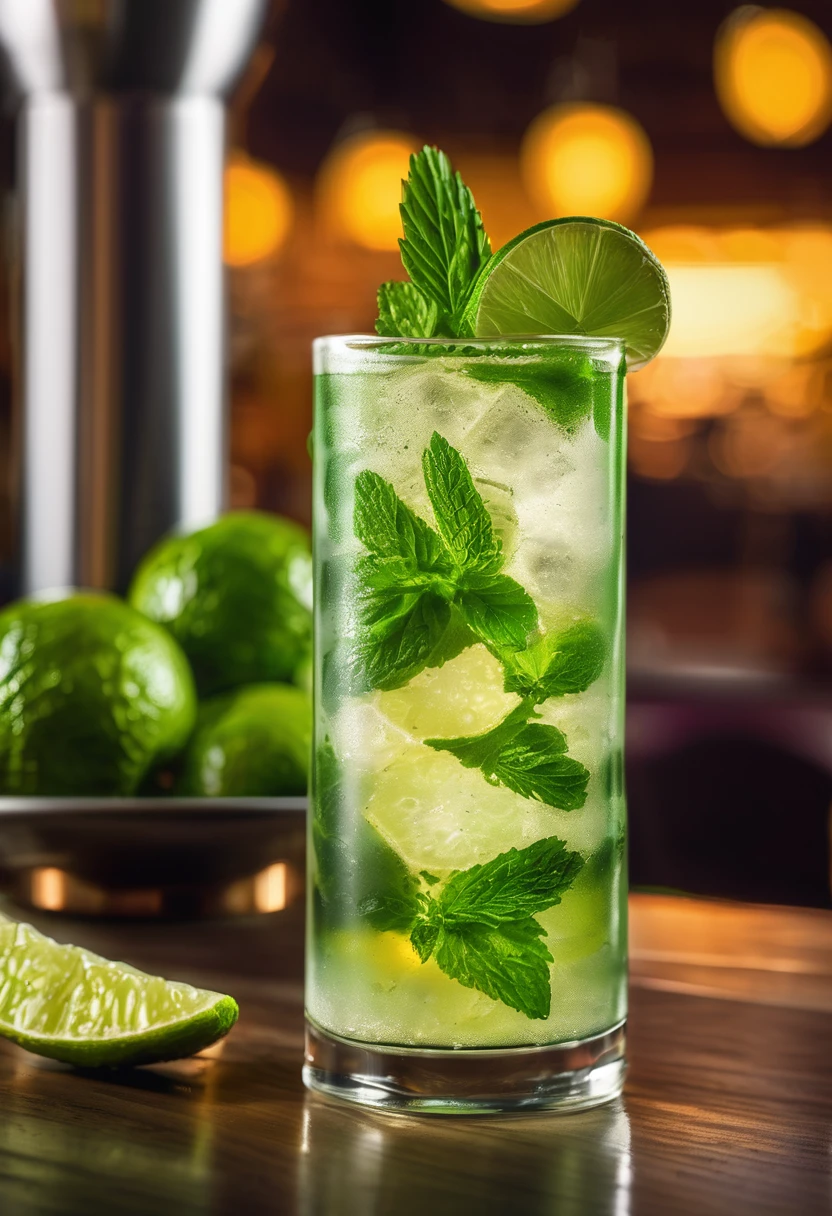 Cuban mojito served in a highball glass in a bright Cuban lounge setting. Actual photo, 4K.