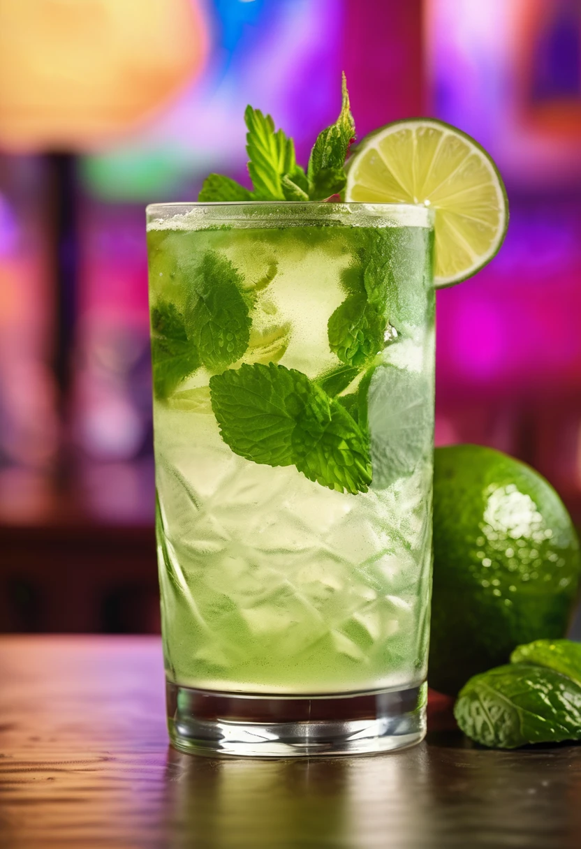 Cuban mojito served in a highball glass in a bright Cuban lounge setting. Actual photo, 4K.