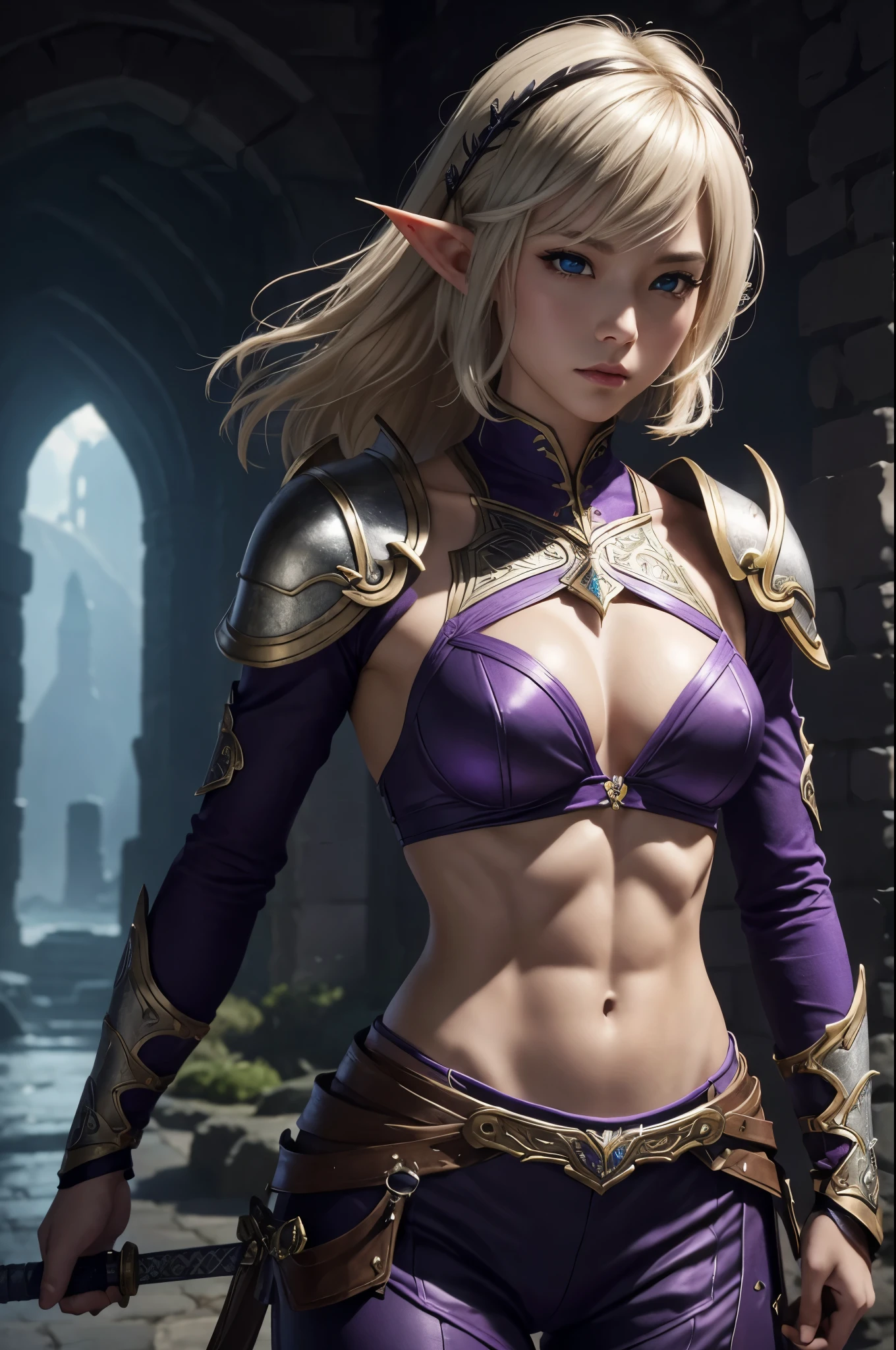 8K、Blonde short bobヘアのエルフ、Super Beauty(Realistic)、Alafeido woman in purple and black outfit、Ultra-detailed fantasy characters、3D Rendering Character Art、blue eyes、Detail Fantasy、Stunning Armor、Amazing character art、Gorgeous Female Paladin、Ultra-high resolution、Ultra-Realistic Skin、Beautiful expression、Sexy appearance、Enchanting、Beautiful small breasts、Rich colors、Backlight、Cinema Lighting、Film Grain、50mm lens、Nikon D850、Fantasy art、Dynamic fighting poses、In a dimly lit dungeon、make、Elf Ears、Very muscular and slim body、Very strong abs(Six Pack)、Silver hair ornament(one point)、Purple and black combat pants、湾曲した銀2Holds two small swords in each hand、Preparing for battle、Blonde short bob,Strengthening muscles throughout the body,Extremely strong and defined abs(Six Pack),2Holds two small swords in each hand,