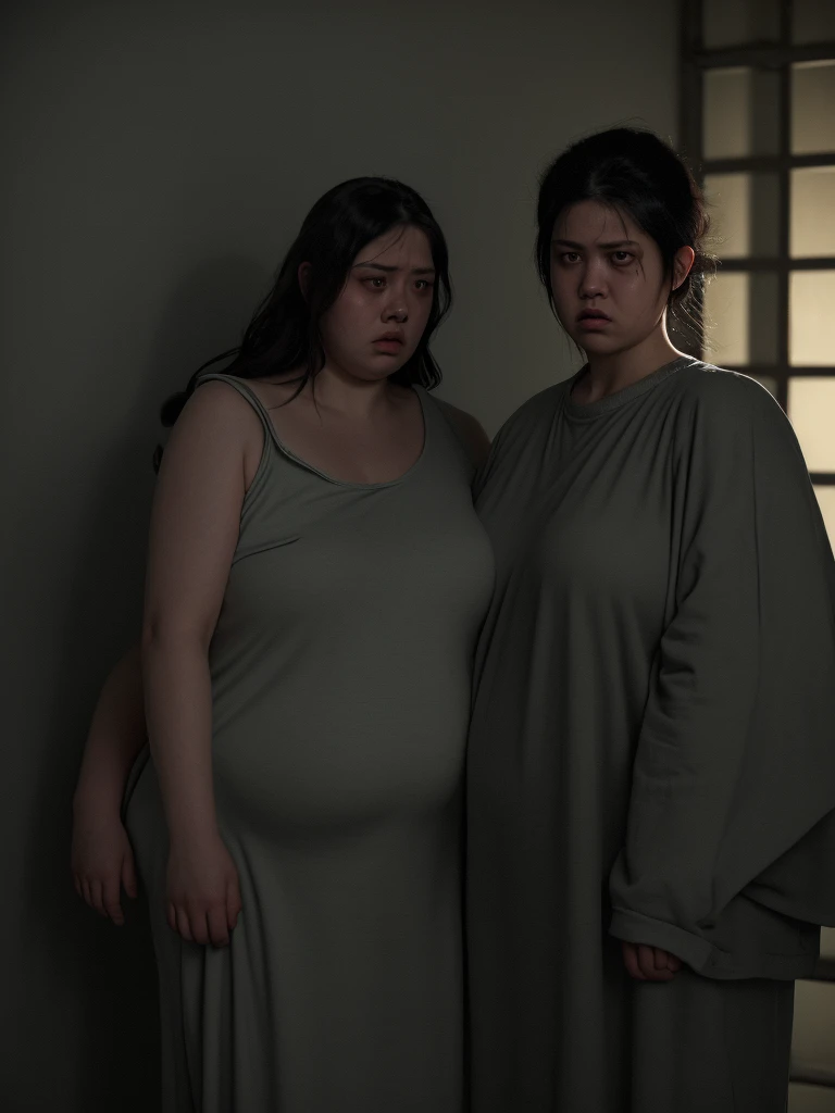A very fat woman and a very skinny woman in a prison cell, highly detailed, photorealistic, dramatic lighting, cinematic composition, intense emotions, intricate textures, muted color palette