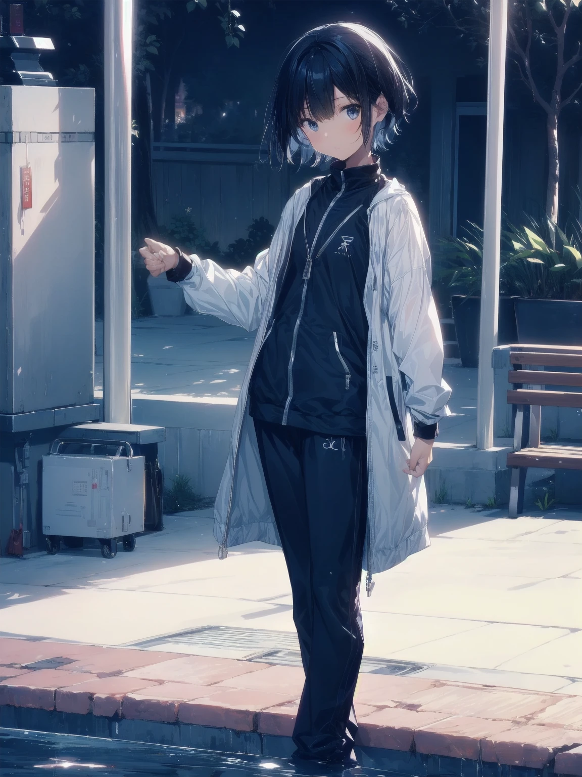 ultra-Top-quality by art God, ultra-detailed, high resolution, shinkai makoto style, anime moe artstyle, best anime 8k konachan wallpaper, pixiv contest winner, perfect anatomy, break,(Please draw a picture of a girl in a swimsuit sitting sleepily on a bench by the poolside alone.),break, a hyperrealistic school girl, (Solo,lolita, , 13-ar-1.3),l limbs, complete fingers,a junior high s charm, (very short hair), wet hair, small round chest,slender body, Small butt, groin, Small black eyes,hanme,beautiful detailed eyes, well-proportioned iris and pupils, sleepy eyes, highres detailed hair, swimsuit, wet swimsuit, bare shoulders, thighs, in the school pool. break,super detailed skin, shiny skin, Best lighting powered by famous artist, 8k, illustration,UHD, textured skin,break,((artist:saiguchi_otoufu )), artist:clamp ,artist:carnelian ,artist:kantoku ,