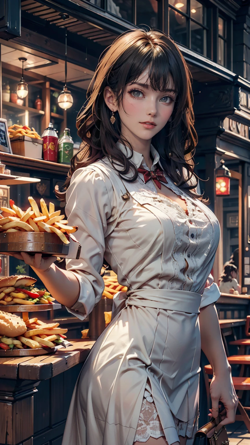 [(Transparent Background: 1.5)::5],(((masterpiece))),(((Highest quality))),(((Very detailed))),figure, mysterious,Bright colors, Shiny , (Impressionism: 1.4), Ready to eat, (french fries), Family Barrel, (Fish and Chips), (snack bar), (food stand), London, (Harry Potter Style), Wizarding World Style, restaurant, food, food service, typography, mysterious fonts,24 year old Caucasian female、Sexy proportions、Sexy、Wear a high-necked dress decorated with lace、Wear a high-waisted skirt、