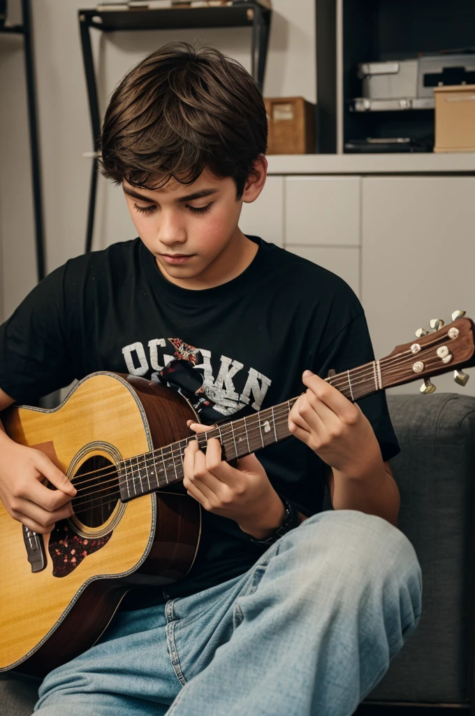 A boy with broken heart and guitar with no brand